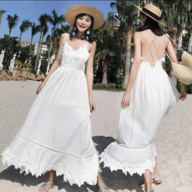 リゾートワンピース 清楚 ノースリーブ レース シンプル セクシー バッククロス ハイウエスト マキシ丈 バカンス 旅行 リゾートの通販はau Pay マーケット Fashionlover