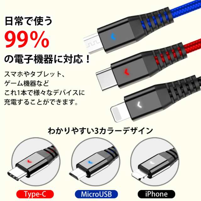 iPhone ケーブル 充電器iphoneケーブル 2個セット 長さ 1.2m 2m 3in1