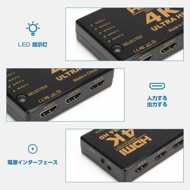 HDMI セレクター 5入力1出力 HDMI 分配器 自動手動切り替え USB給電 ...