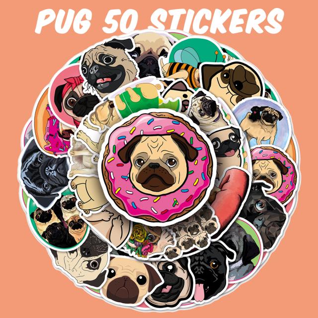 パグ ステッカー 50枚セット PVC 防水 シール PUG 犬 いぬ イヌ ペット 