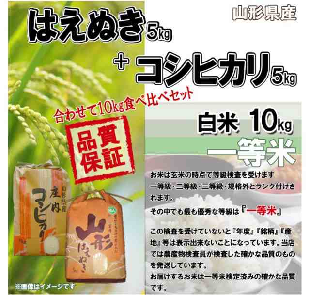 はえぬき5kg・コシヒカリ5kgセット　令和4年　山形県産　PAY　精米済（送料無料）の通販はau　白米　マーケット　PAY　こだわり厳選食品館　au　マーケット－通販サイト