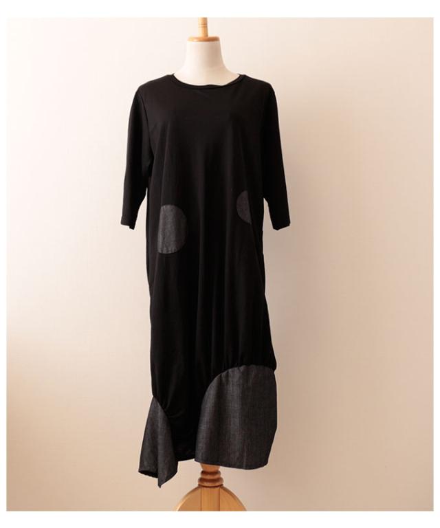 エッセンシャルズ 夏新作 ドット模様の裾アシメワンピース レディース ファッション ワンピース ブラック 7分袖 ミモレ丈 春 夏 秋 ドット アップリケ アシ 待望の再販 Vacationgetaways4less Com