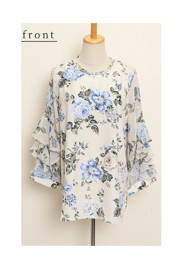 冬新作 風になびくフリル袖の花柄ブラウス トップス レディース