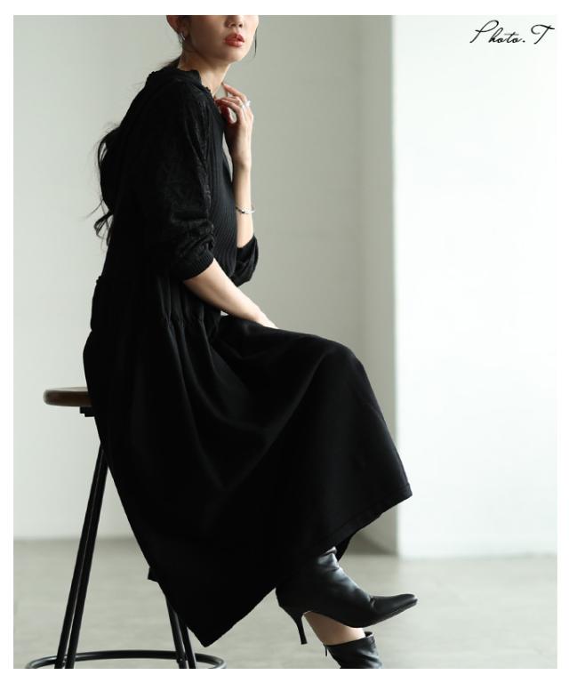 冬新作 花刺繍レースフードのニットフレアワンピース レディース