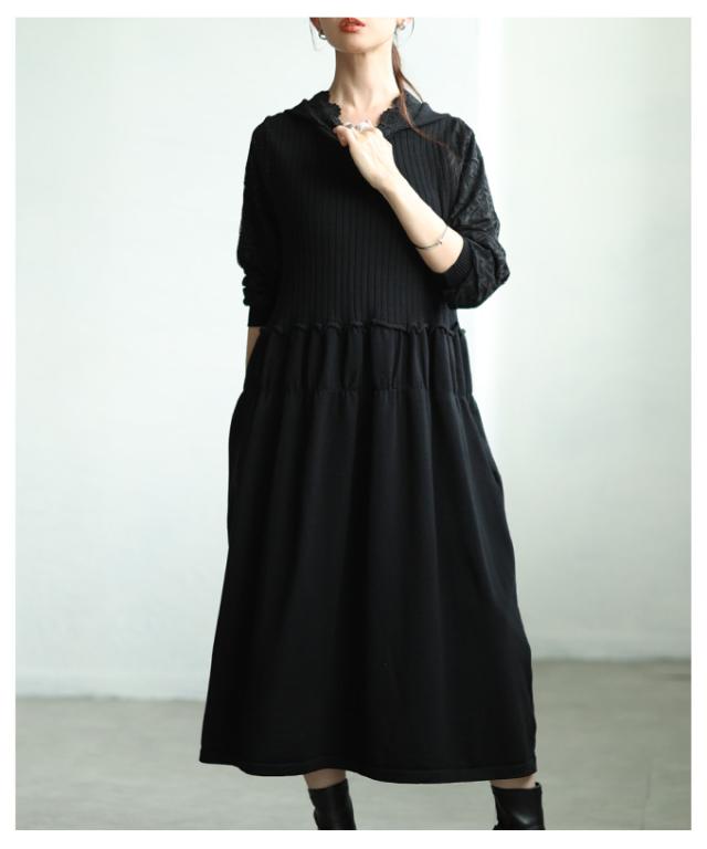 冬新作 花刺繍レースフードのニットフレアワンピース レディース