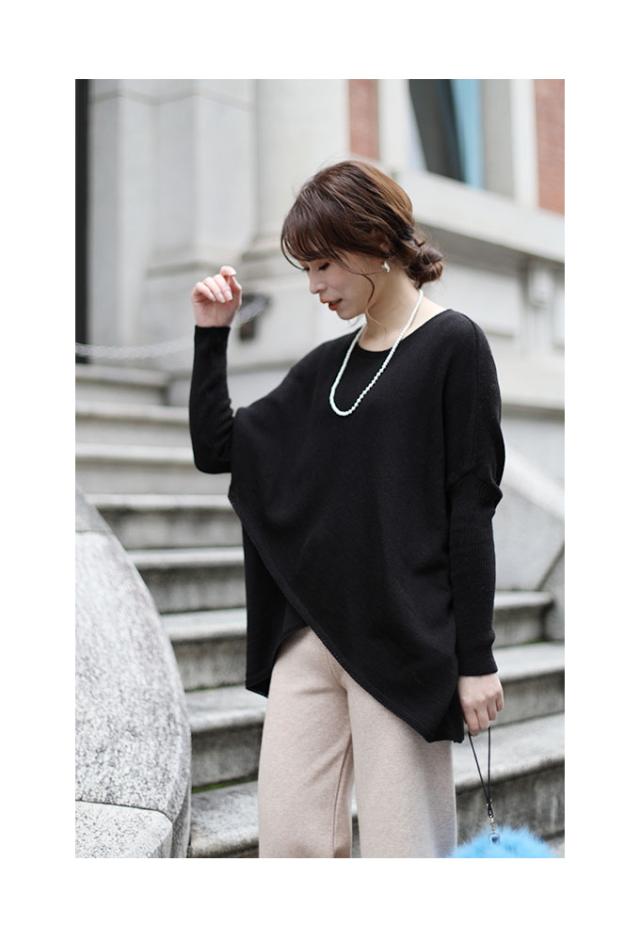 冬新作 フロントスリット入りニットドルマントップス レディース