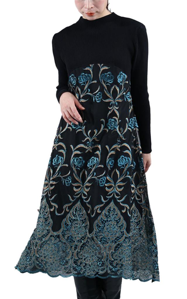 冬新作 煌くバラ咲く異素材ドッキングワンピース レディース