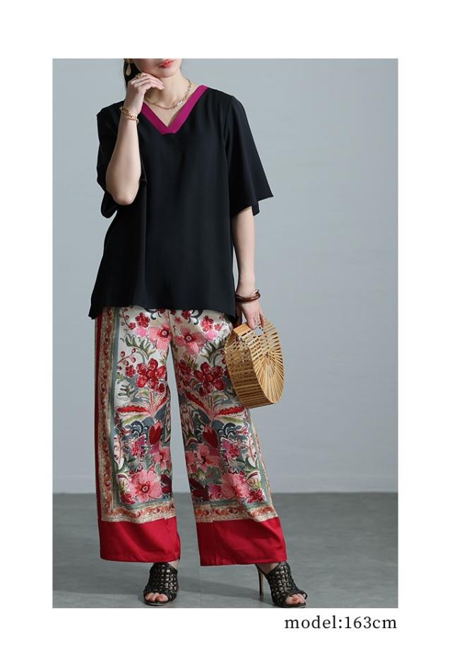 春新作 コーデを選ばない万能さ配色ライントップス レディース ファッション トップス カットソー Tシャツ Vネック 配色 バイカラー ライン 半袖 無地 シンプル 30代 40代 50代 60代 サワアラモード sawaalamode otona 大人 cawaii 可愛い 洋服 かわいい服 swjun-819s