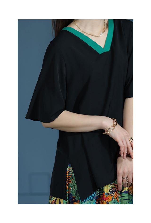 春新作 コーデを選ばない万能さ配色ライントップス レディース ファッション トップス カットソー Tシャツ Vネック 配色 バイカラー ライン 半袖 無地 シンプル 30代 40代 50代 60代 サワアラモード sawaalamode otona 大人 cawaii 可愛い 洋服 かわいい服 swjun-819s