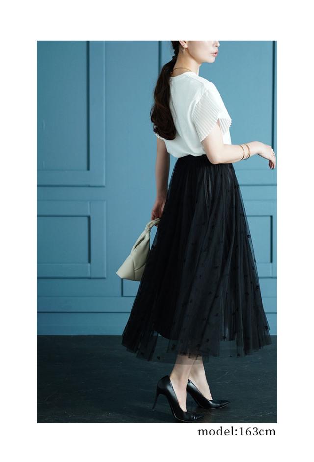 冬新作 贅沢を奏でるような花柄ドットチュールスカート レディース ファッション スカート 花柄 ドット チュール プリーツ フレア サテン ブラック モカ 春 秋 30代 40代 50代 60代 サワアラモード sawaalamode otona 大人 cawaii 可愛い 洋服 かわいい服 sawa-9655の通販は