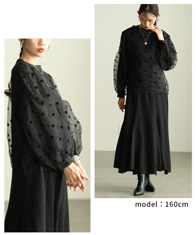 冬新作 レディに決まるドット柄ふんわり袖シアートップス レディース