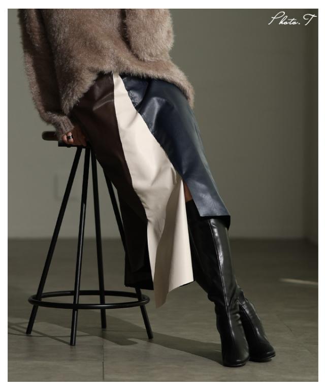 秋新作 切替バイカラーのモードなアシンメトリーレザースカート