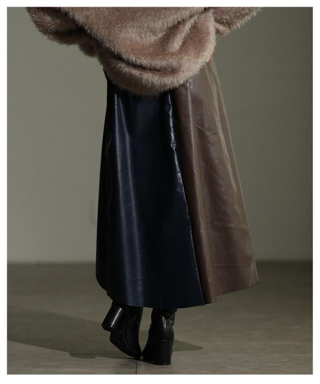 秋新作 切替バイカラーのモードなアシンメトリーレザースカート