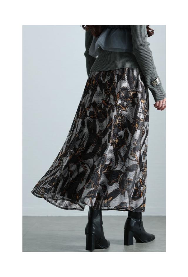 夏新作 大人な華やぎ花柄メッシュフレアスカート レディース