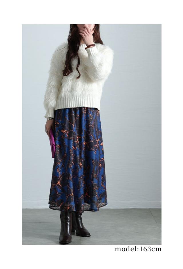 夏新作 大人な華やぎ花柄メッシュフレアスカート レディース