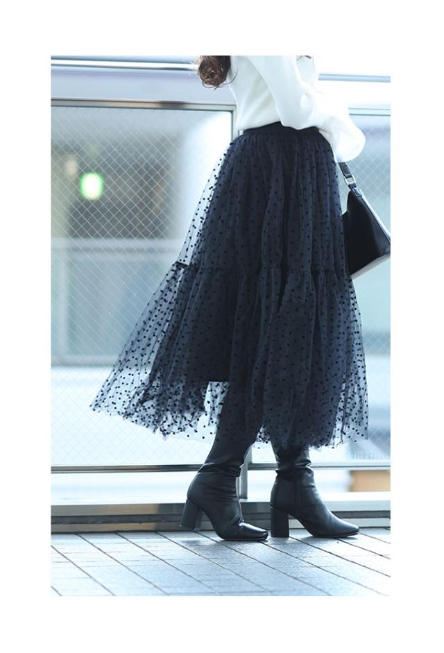 秋新作 レディライクなチュールドットフロッキーギャザーフレア