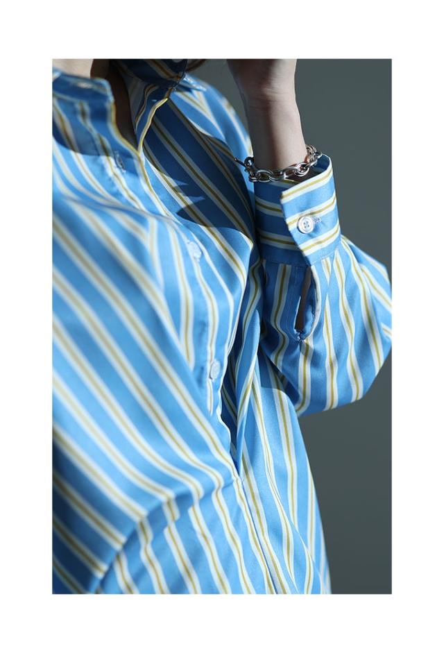 秋新作 大人ジェンヌにキマるストライプ柄シャツワンピース レディース