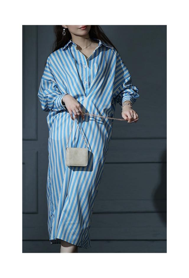 秋新作 大人ジェンヌにキマるストライプ柄シャツワンピース レディース