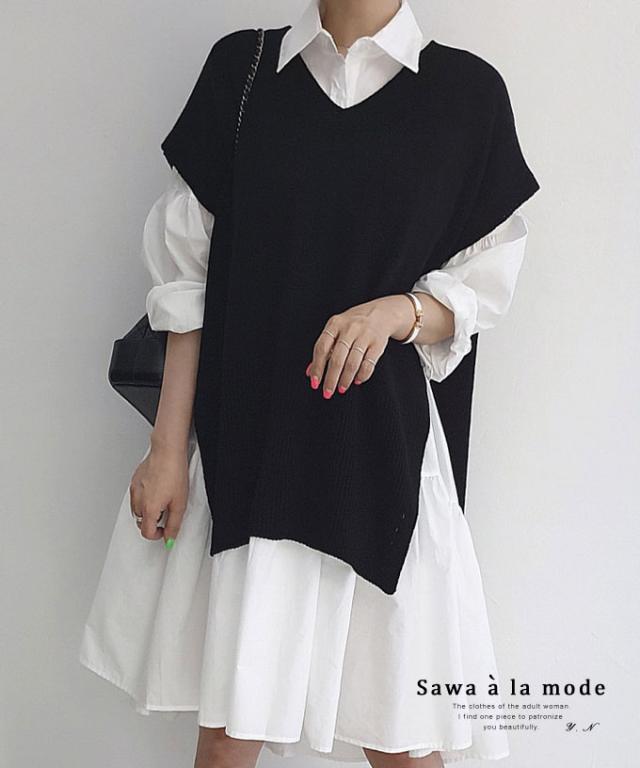 冬新作 着まわしの幅が広がるニットベストとシャツワンピースの2点セット レディース ファッション ワンピース セット 2点 白 大人可愛い 40代 レディースファッション 50代女性 ファッション 60代 ミセスファッション サワアラモード sawaalamode otona mode-9851