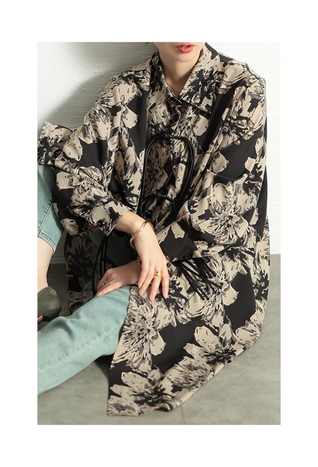 秋新作 個性が宿る華やぎ花柄フリンジボタンシャツチュニック