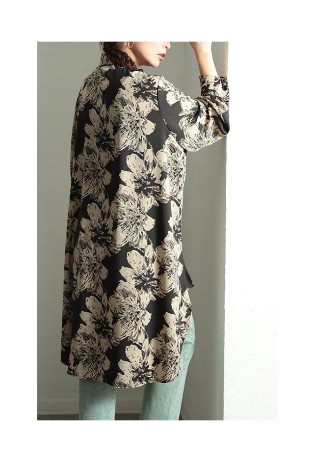 秋新作 個性が宿る華やぎ花柄フリンジボタンシャツチュニック