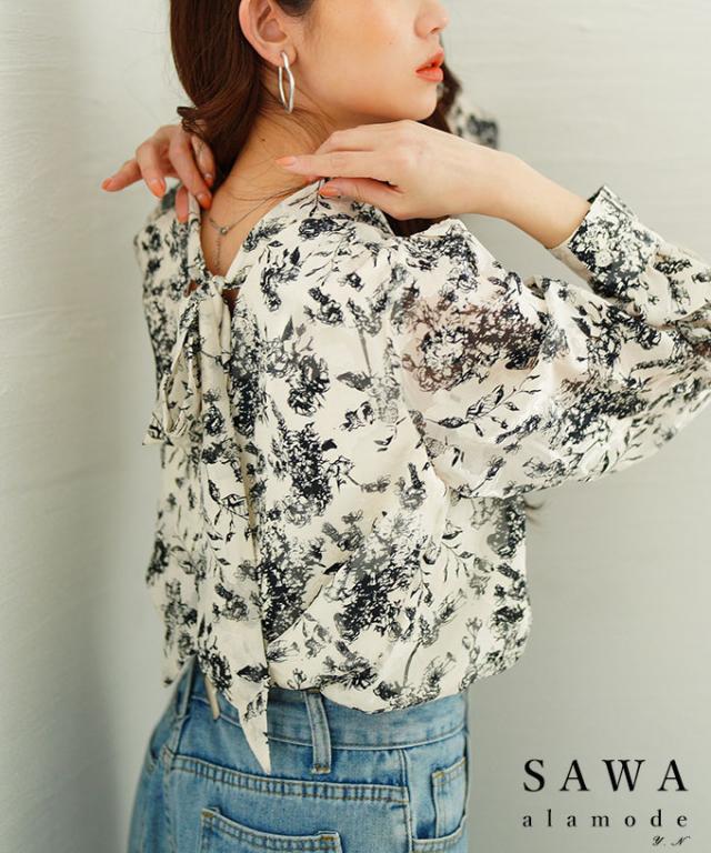 冬新作 バックリボンが目を惹くボタニカル柄シアーシャツブラウス レディース ファッション トップス ブラウス シャツ ブラック 大人可愛い 40代 レディースファッション 50代女性 ファッション 60代 ミセスファッション サワアラモード sawaalamode otona mode-9881