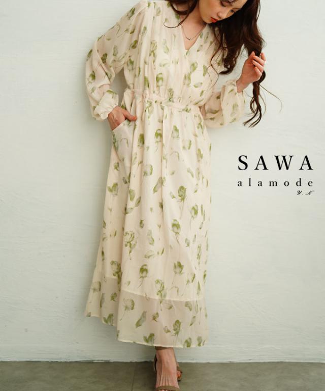 冬新作 ふわり爽やかな風が吹くボタニカル柄カシュクールシアーワンピース レディース ファッション ワンピース アイボリー 春 大人可愛い 40代 レディースファッション 50代女性 ファッション 60代 ミセスファッション サワアラモード sawaalamode otona mode-9901