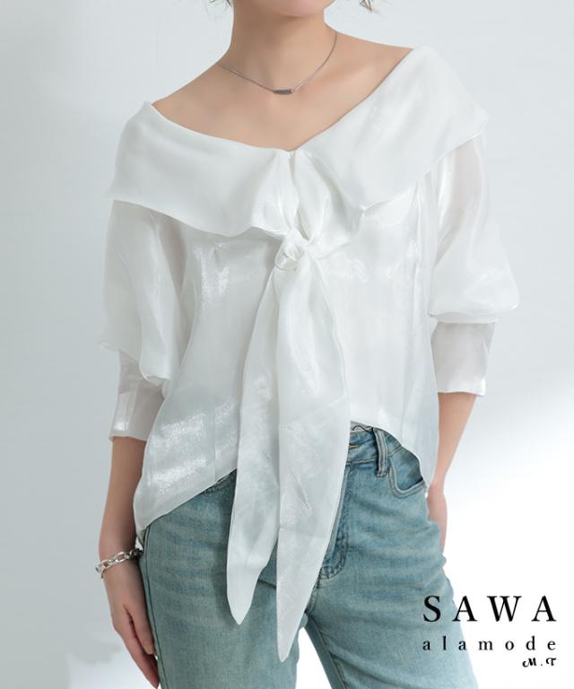冬新作 ラグジュアリーに着映えるリボンタイ付きプルオーバー レディース ファッション トップス カットソー プルオーバー リボン タイ ドルマン タック 白 30代 40代 50代 60代 サワアラモード sawaalamode otona 大人 cawaii 可愛い 洋服 かわいい服 sawa-9908