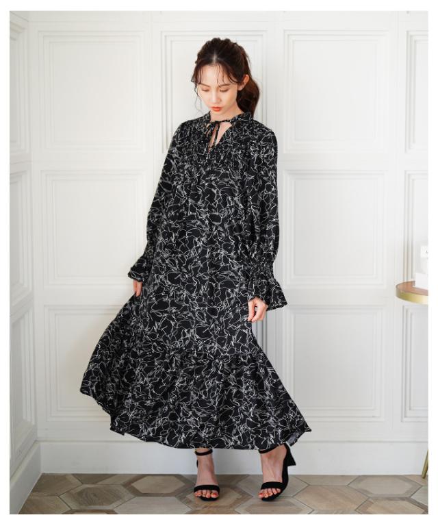 冬新作 前後2wayで着まわせる線画タッチ花柄ワンピース レディース ファッション ワンピース ドレス ブラック 大人可愛い 花柄 花 フラワー 40代 レディースファッション 50代女性 ファッション 60代 ミセスファッション サワアラモード sawaalamode otona mode-9925 秋新作 前後2wayで着まわせる線画タッチ花柄ワンピース レディース