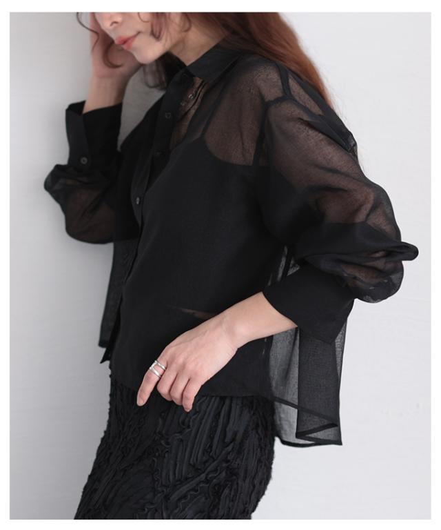 夏新作 大人の抜け感を愉しむ襟付きショート丈シアーシャツブラウス