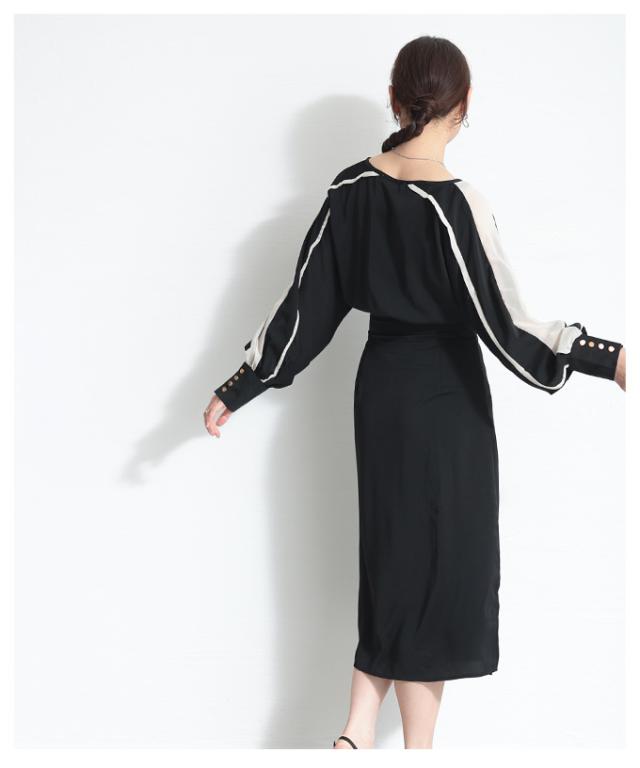 秋新作 綺麗見えするMIXスタイル配色ラインワンピース レディース