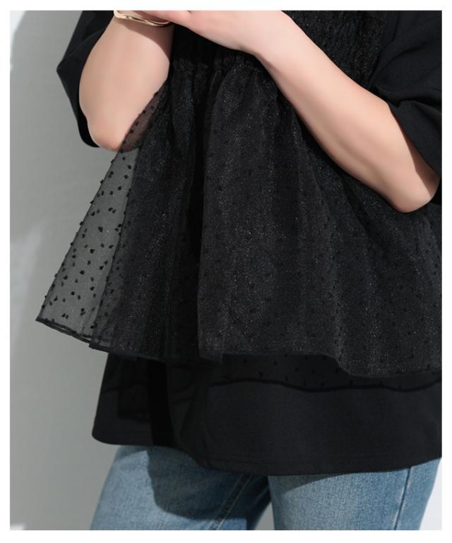 秋新作 甘さ引き立つドット柄シフォン異素材カットソー レディース