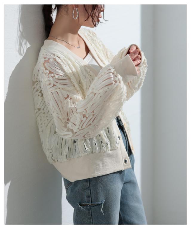 夏新作 立体ラインレースがリズムを加えるカーディガン レディース