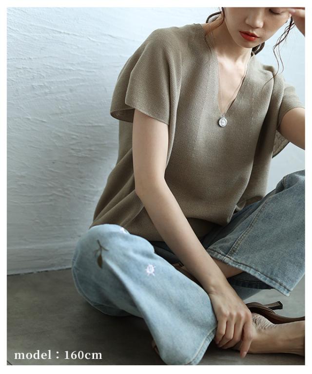 冬新作 コクーンシルエットサマーニットトップス レディース ファッション Vネック 半袖 麻 ネイビー 紺 ベージュ ブラウン 茶 大人可愛い 40代 レディースファッション 50代女性 ファッション 60代 ミセスファッション サワアラモード sawaalamode otona aljun-962s 冬新作 コクーンシルエットサマーニットトップス レディース