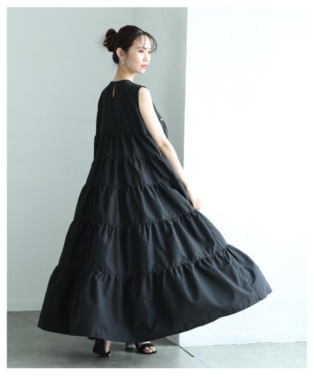 秋新作 パールドットが煌めくノースリーブティアードワンピース