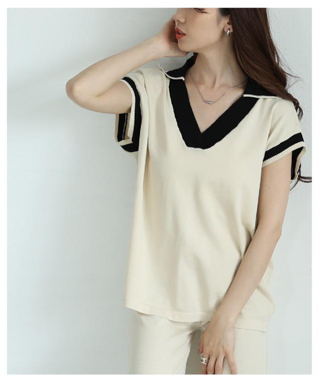 冬新作 ラフなのに高見えするバイカラー配色デザインのサマーニット