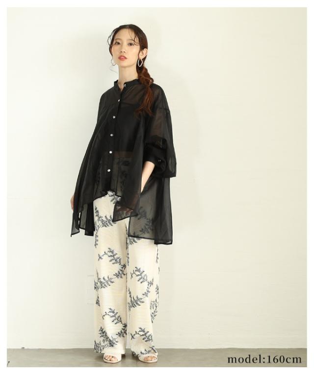 冬新作 ヘルシーな肌見せ叶う変形バンドカラーシアーブラウス