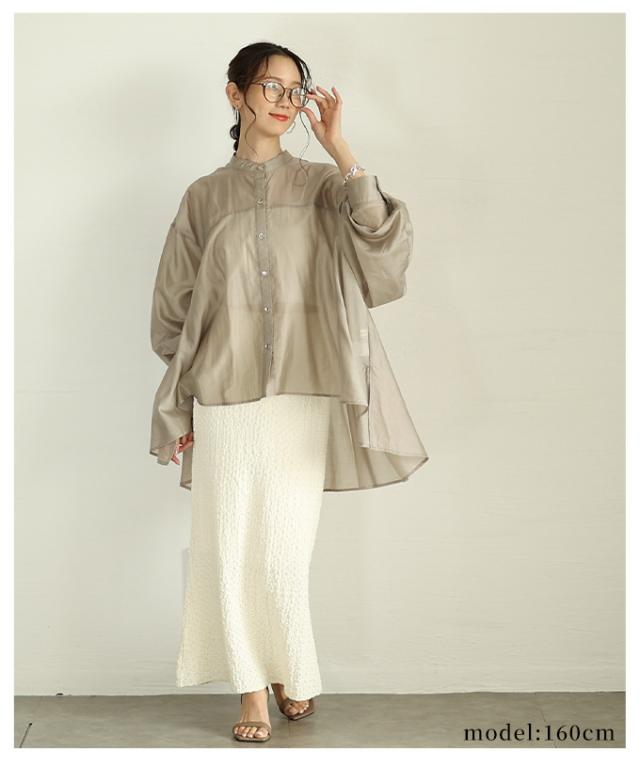 冬新作 ヘルシーな肌見せ叶う変形バンドカラーシアーブラウス