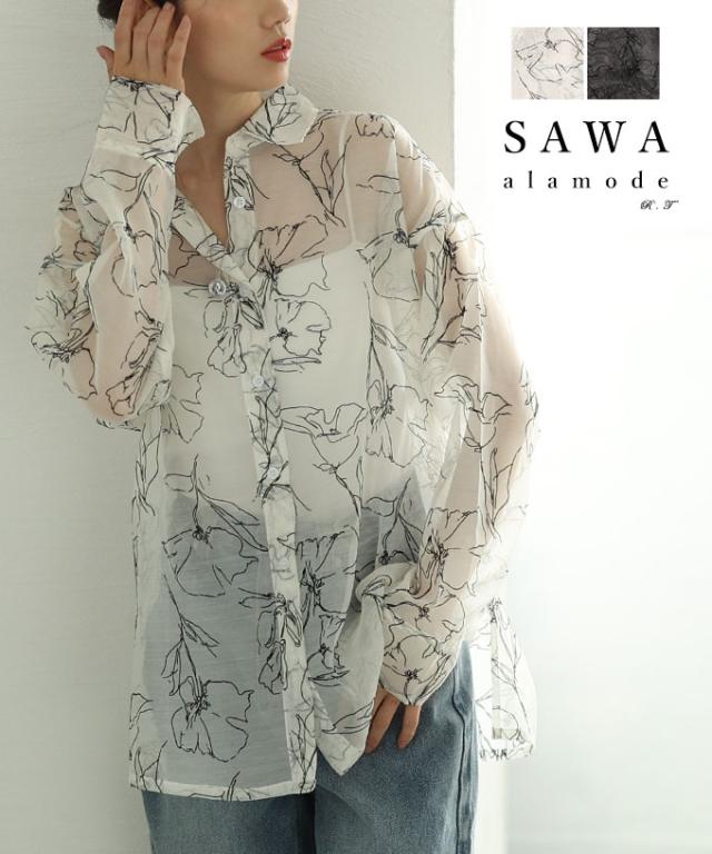 冬新作 大人のニュアンス溢れるシアー花柄フロッキープリントオーバーサイズシャツ レディース ファッション トップス 夏服 大人可愛い 20代 30代 40代 レディースファッション カジュアル 体型カバー おしゃれ きれいめ ママ サワアラモード sawaalamode almam-51058