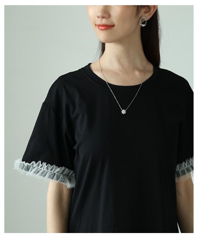 秋新作 涼やかなチュールで清涼感を感じる異素材ドッキングワンピース