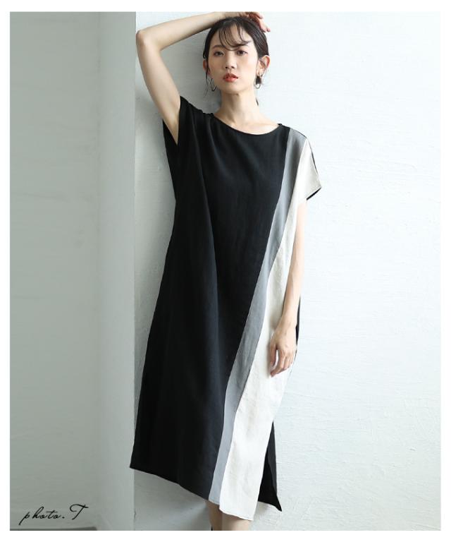 冬新作 バイカラーでセンス光るフレンチスリーブワンピース レディース ファッション ワンピース チュニック ブラック 夏服 大人可愛い 20代 30代 40代 レディースファッション カジュアル 体型カバー おしゃれ きれいめ ママ サワアラモード sawaalamode aljun-1001s 秋新作 バイカラーでセンス光るフレンチスリーブワンピース レディース