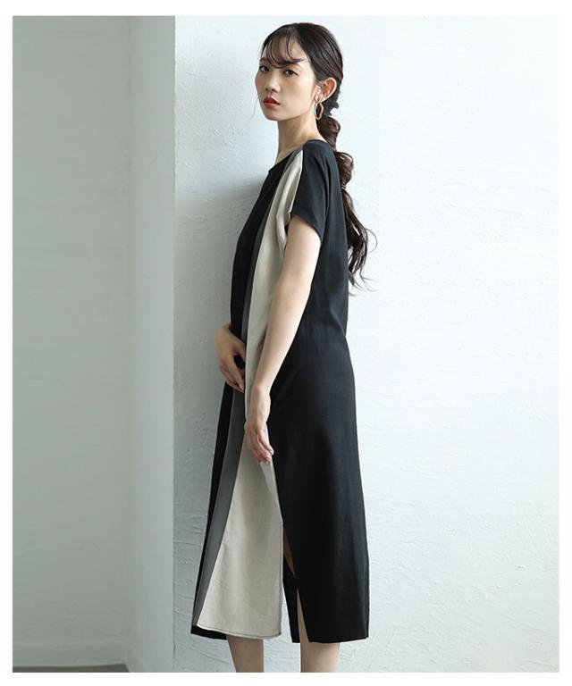 夏新作 バイカラーでセンス光るフレンチスリーブワンピース レディース