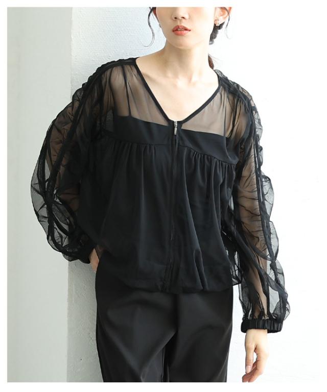 秋新作 ギャザー切替ボリューム袖Vネックジップアップメッシュ