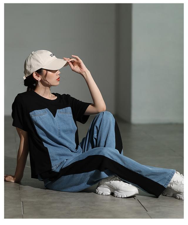 冬新作 ありきたりを打ち破るデニムドッキングサイドラインセットアップ レディース ファッション セットアップ 異素材 デニム ライン トップス パンツ 黒 30代 40代 50代 60代 サワアラモード sawaalamode otona 大人 cawaii 可愛い 洋服 かわいい服 mode-10028 秋新作 ありきたりを打ち破るデニムドッキングサイドライン