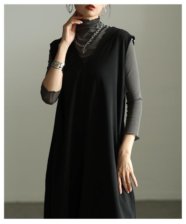 秋新作 ラインで魅せるショルダーラインVネックワンピース レディース