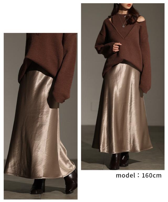 冬新作 光を纏う優雅なサテンフレアスカート レディース ファッション