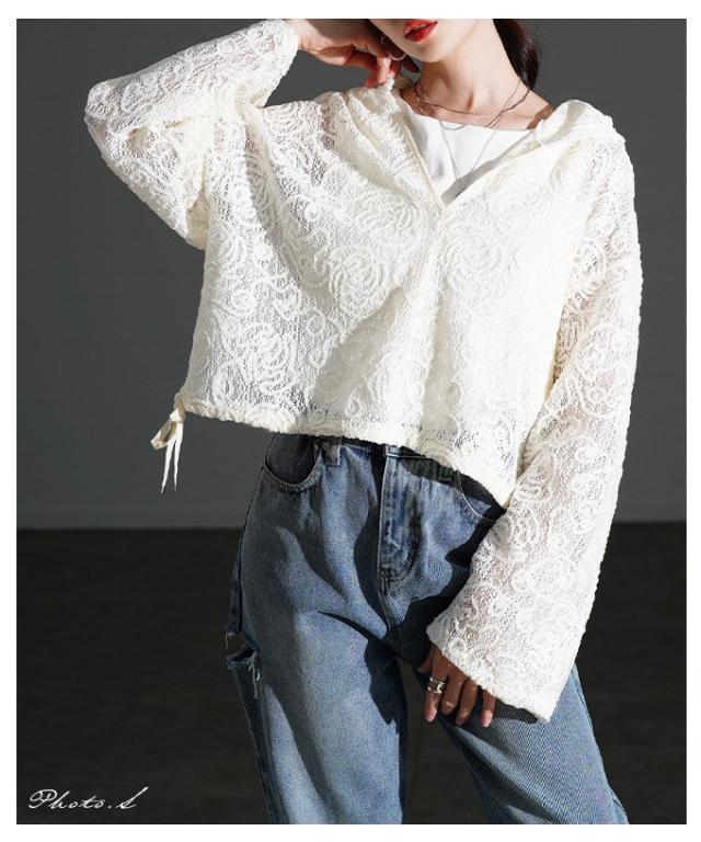 夏新作 甘さもラフさも叶える花柄モール刺繍レースショートフーディー レディース ファッション トップス パーカー 花柄 刺繍 レース 長袖 ショート プルオーバー 30代 40代 50代 60代 アラモード alamode otona 大人 cawaii 可愛い 洋服 かわいい服 alzmp-450744_1