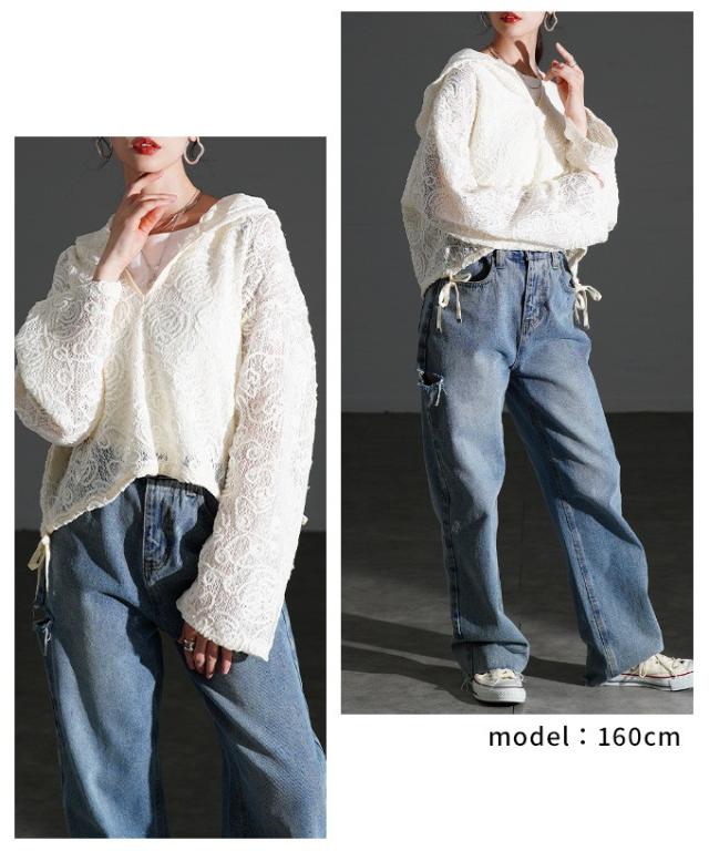 夏新作 甘さもラフさも叶える花柄モール刺繍レースショートフーディー レディース ファッション トップス パーカー 花柄 刺繍 レース 長袖 ショート プルオーバー 30代 40代 50代 60代 アラモード alamode otona 大人 cawaii 可愛い 洋服 かわいい服 alzmp-450744_3