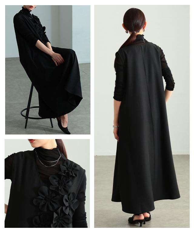 春新作 女心くすぐる立体花モチーフVネックジャンパースカート レディース ファッション ワンピース ジャンパースカート 花 立体 Vネック ロング アシンメトリー 30代 40代 50代 60代 アラモード alamode otona 大人 cawaii 可愛い 洋服 かわいい服 almam-202736