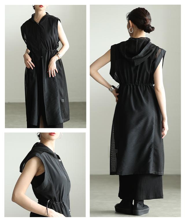 夏新作 重ねて垢抜けるローン×メッシュフーディーロングジレ レディース ファッション アウター ベスト ジレ 羽織り 異素材 フード メッシュ ロング ジップアップ 30代 40代 50代 60代 アラモード alamode otona 大人 cawaii 可愛い 洋服 かわいい服 alzmp-420212_7